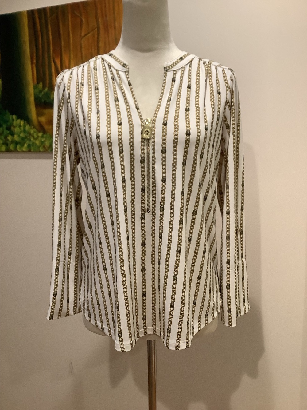 Michael Kors Gold Chain Design With Front Zip Blouse Top Size S